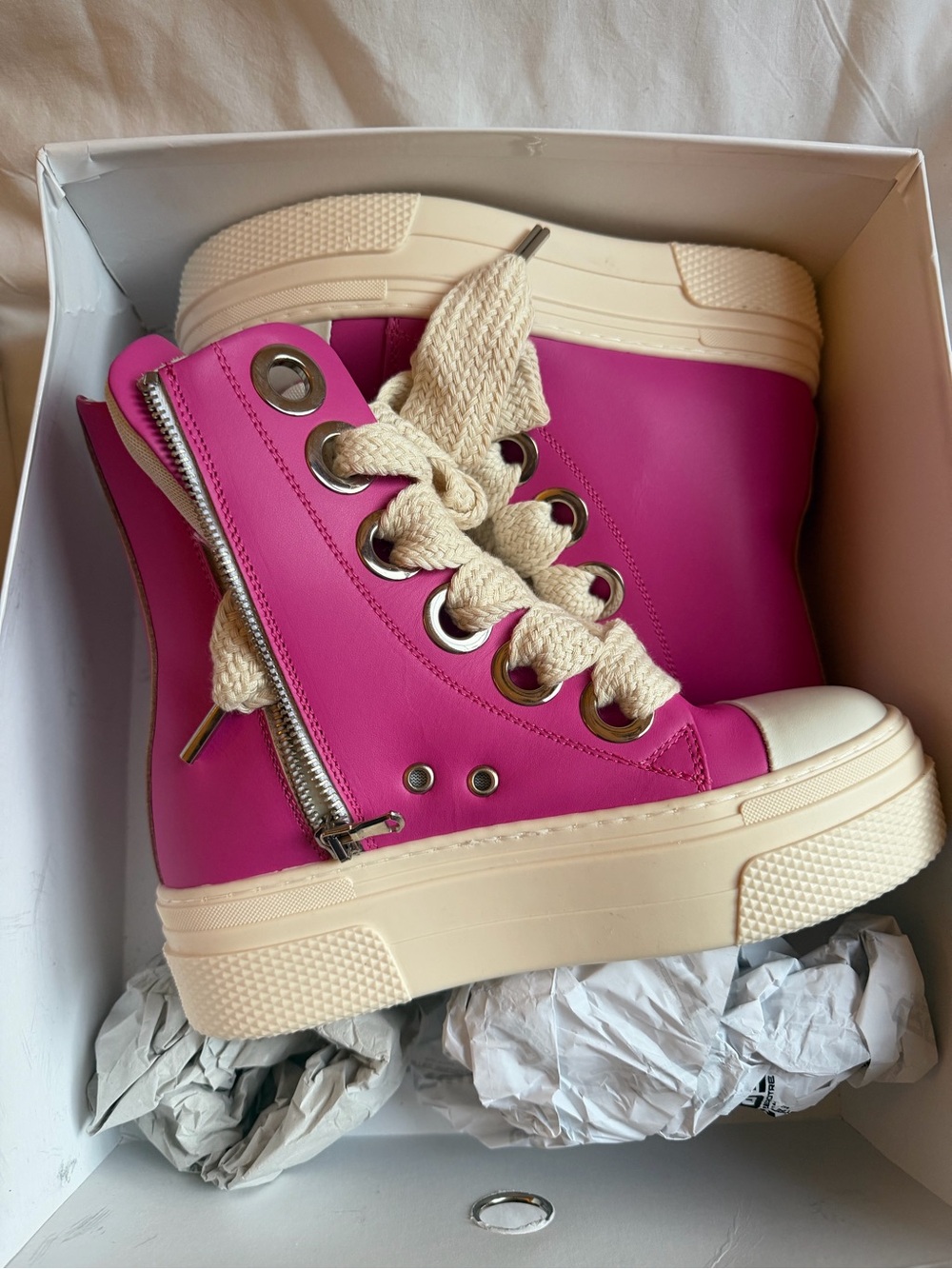 Women's Hot Pink Lace-Up Platform Boots with Cream Soles